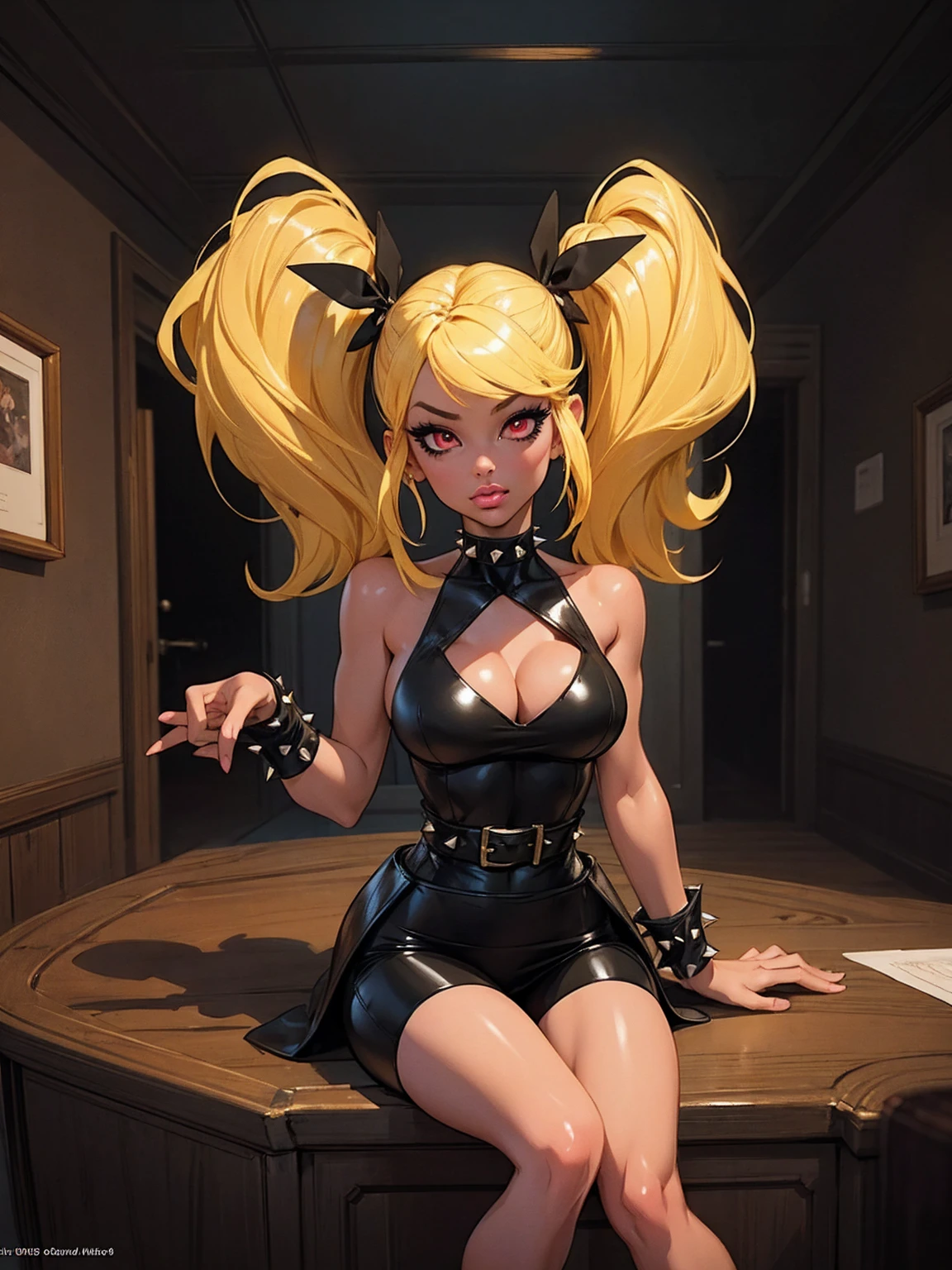 Highest quality)), ((masterpiece)), (detailed: 1.4) comic book cover style , (darkskin) black woman comic book style, wide hips, slim waist, score_9, score_8_up, score_7_up, score_9, score_8_up, score_7_up, 1girl, sitting, legs apart, pale skin, red eyes, thick black eyelashes, black eyeliner, dark eyeshadow, neon hair, light yellow hair, twintails, large breasts, cleavage cutout, spiked choker, spiked wristbands, black dress, leather shorts, leather harness, bare shoulders, I'd like the picture to be created from a foreshortened perspective, where objects closer to the viewer appear larger and those farther away appear smaller. Think of it as a dynamic, exaggerated viewpoint."
