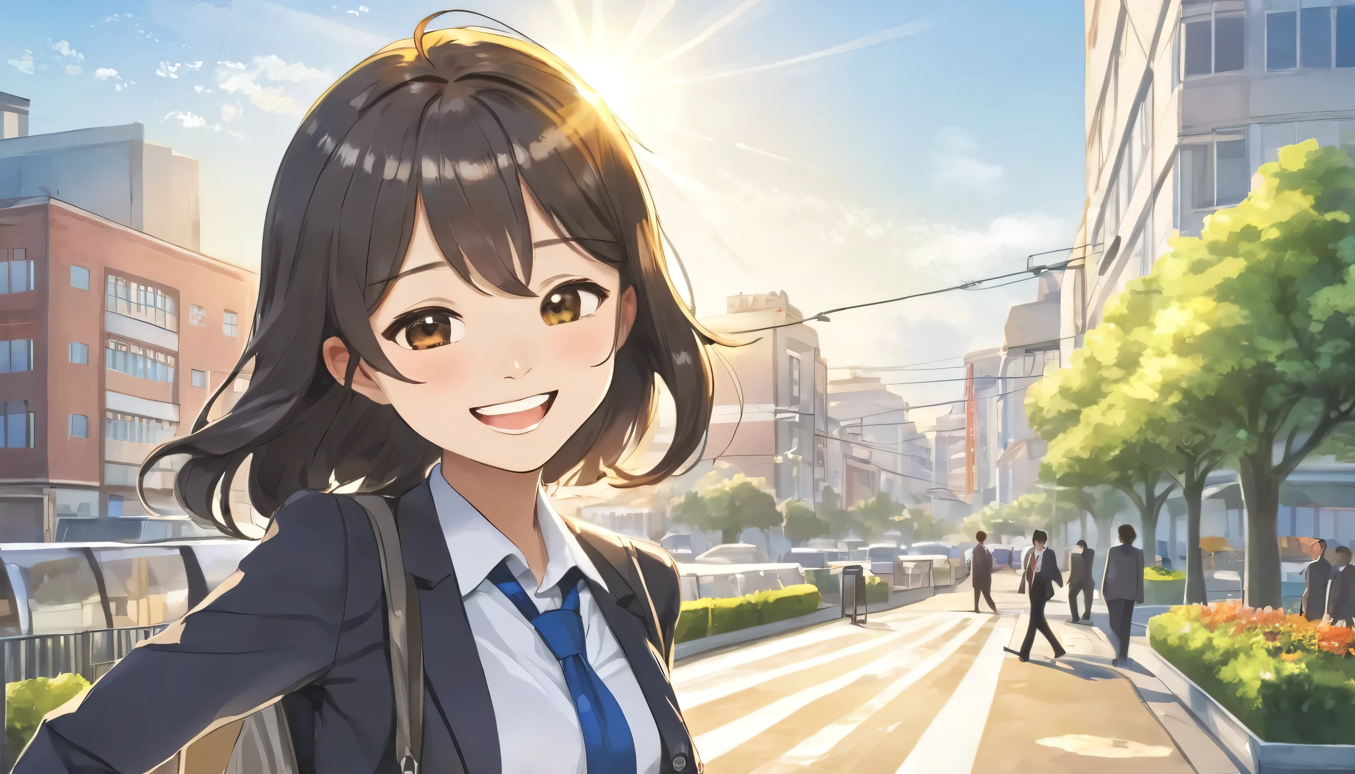 A town with beautiful morning sun。Smiling office lady heading to work。Cheerful smile。Wave