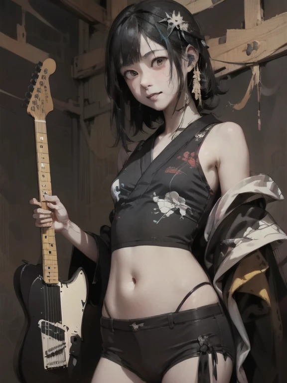 (masterpiece), (High resolution), (very delicate), (masterpiece: 1.2, highest quality), ((guitarを弾いている女の子)),(Black and white kimono) , doll-like face, Manga style, rough sketch, Manga styleイラスト, (Horror elements), Japanese painting, whole body,(snap shot), (Spooky), Japan sculpture,old picture scroll style, old staging, Flat illustration messy hair、(Black to red gradient hair color)、 Unique atmosphere、Angle from below、(Telecaster、guitar)、Wearing clogs、(Realistic human structure),