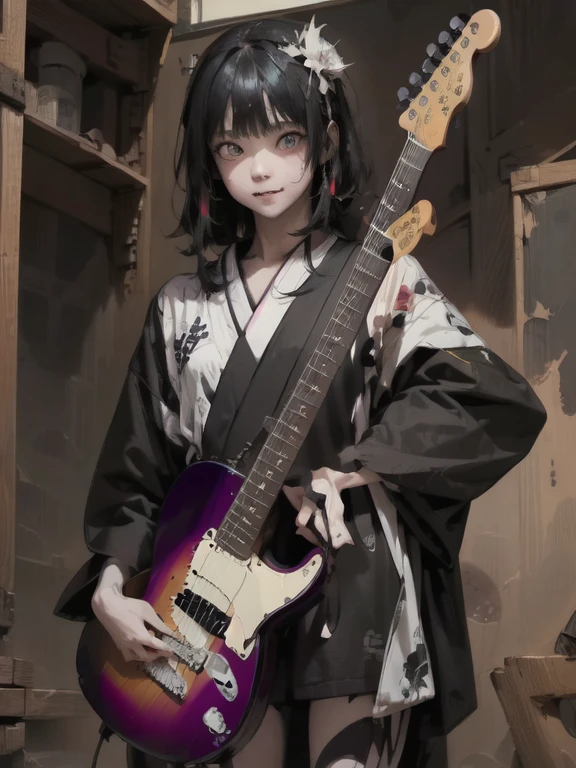 (masterpiece), (High resolution), (very delicate), (masterpiece: 1.2, highest quality), ((guitarを弾いている女の子)),(Black and white kimono) , doll-like face, Manga style, rough sketch, Manga styleイラスト, (Horror elements), Japanese painting, whole body,(snap shot), (Spooky), Japan sculpture,old picture scroll style, old staging, Flat illustration messy hair、（Black to red gradient hair color）、 Unique atmosphere、Angle from below、(Telecaster、guitar)、Wearing clogs、(Realistic human structure),
