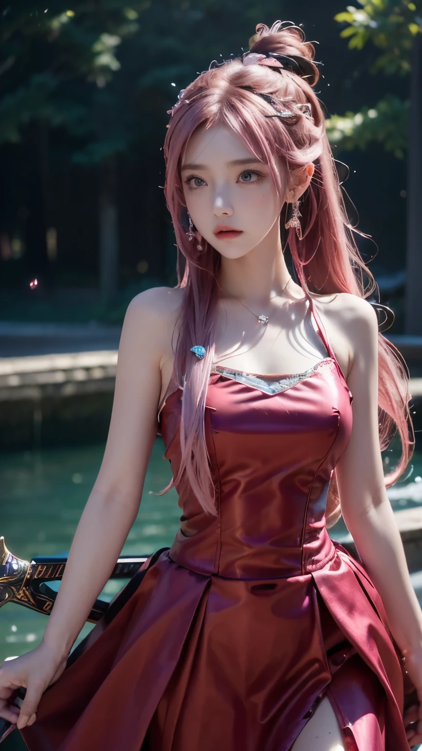 (logo、masterpiece、8k、Tabletop、RAW Photos、wonderful、最high quality、フォトリアルでVery detailedなCG統合8k壁紙、high quality、Very detailed、Narrative poem、Particle Effects、Dynamic Effects、Depth of text、Cinematic Light、Lens flare、Ray Tracing)、Fantasy、(One girl, arms, sword, Long Hair, dress, water, alone, jewelry, red dress, Earrings, hair ornaments, waterしぶき, Ultra-realistic upper body, Hair Bun, Pink Hair, Realistic city background, Lighting,Frank