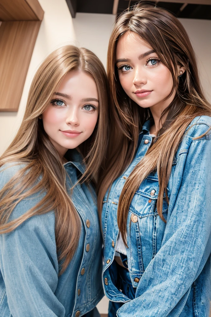 Professional photograph, best quality, 8K, hyper detailed, half body, A close up portrait of two gorgeous, beautiful, wonderful women, argentinian and russian females together posing for the camera, both women have super long hair, argentinian girl has brown hair and russian girl has dark blonde hair, the both of them are wearing winter clothing, both girls are wearing denim jackets. Both women are wonderful, dream, ethereal, timeless, majestic beauties from Argentina and Russia, they're glad, smiling and enjoying taking a picture in a cafe.