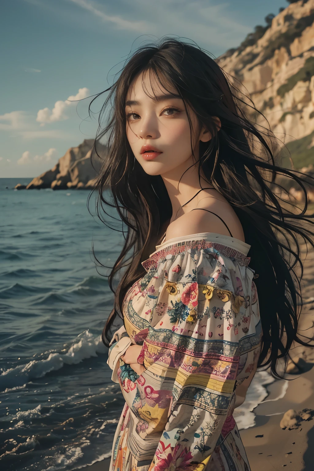 Araped woman wearing multi-colored dress with long black hair, curtain bangs, No makeup, wavy hair, Madison Beer, without makeup, 중앙에서 분리된 curtain bangs, Profile picture, Use Instagram Filters, Subtle soft and dim light, Pose looking back at the beach, perfect face, julia sardinian, perfect hands, Random Actions, coastline, clear sky, 