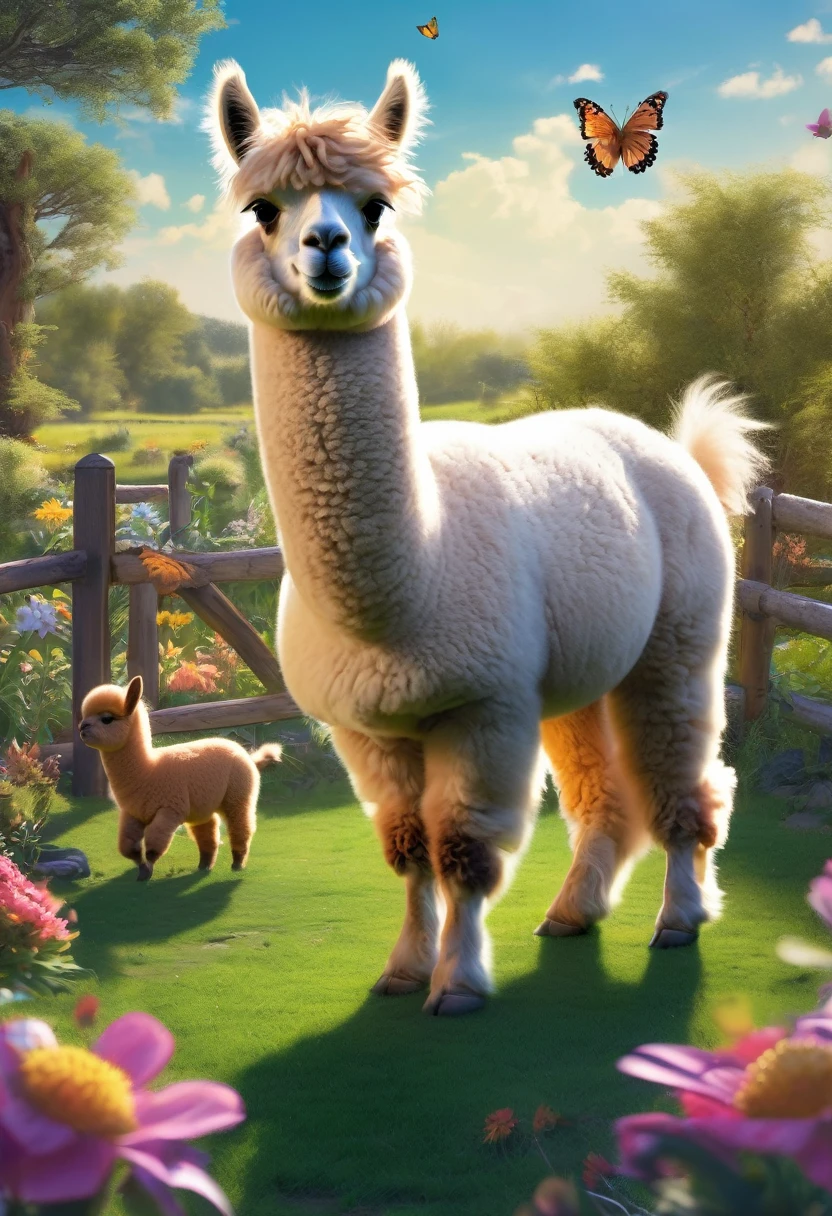 An Alpaca, aesthetic, (best quality,4k,8k,highres,masterpiece:1.2),ultra-detailed,realistic,(photorealistic:1.37),alpaca,cute,playful,expressive,fluffy fur,curious eyes,quirky personality,funny antics,comical poses,joyful atmosphere,vibrant colors,beautifully lit,artistic illustration,whimsical style,lovely garden,scenic background,harmonious composition,natural elements,lush greenery,flowers blooming,colorful butterflies,clear blue sky,sunlit environment,mischievous behavior,exploring surroundings,interacting with objects,random activities,running freely,standing on hind legs,playing with toys,rolling on the grass,eating flowers,making funny faces,enjoying the sunshine,jumping joyfully,raising head and looking around,communicating with other animals,bringing happiness and laughter,spreading positive energy.