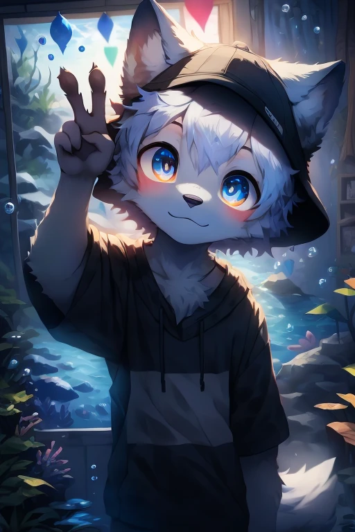 masterpiece, best quality, bright eyes, detailed eyes, furry, wolf, male, baggy clothing, baseball cap, v sign, (head tilt:1.3), high saturation, colorful, detailed background, perfect lighting, shadow, aquarium, window, deep blue theme, bubble