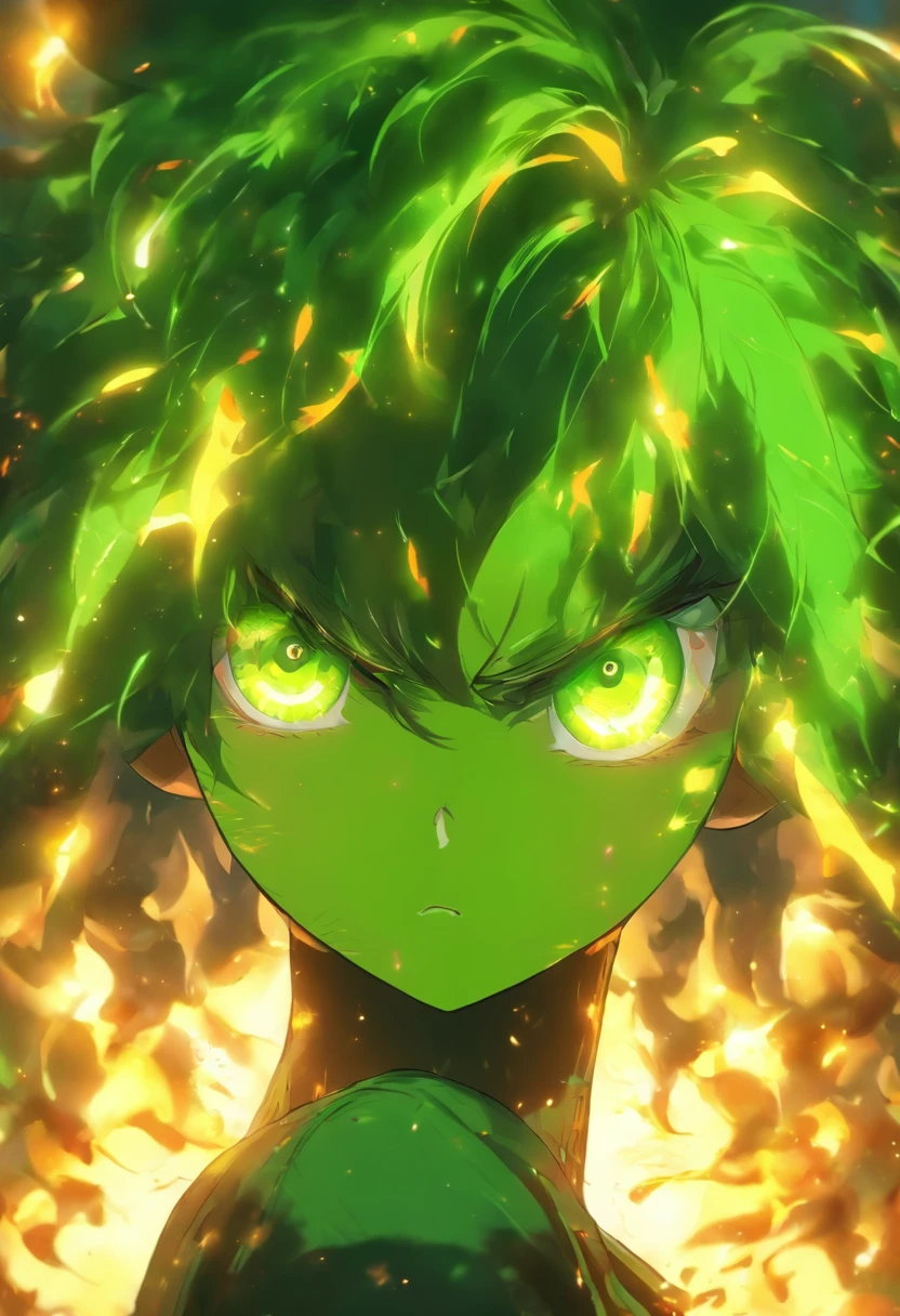 Chica de pelo negro y con las puntas del cabello color blanco, ojo derecho verde, ojos izquierdo plomo, con una exprecion de odio y tristeza, fondo de fuego