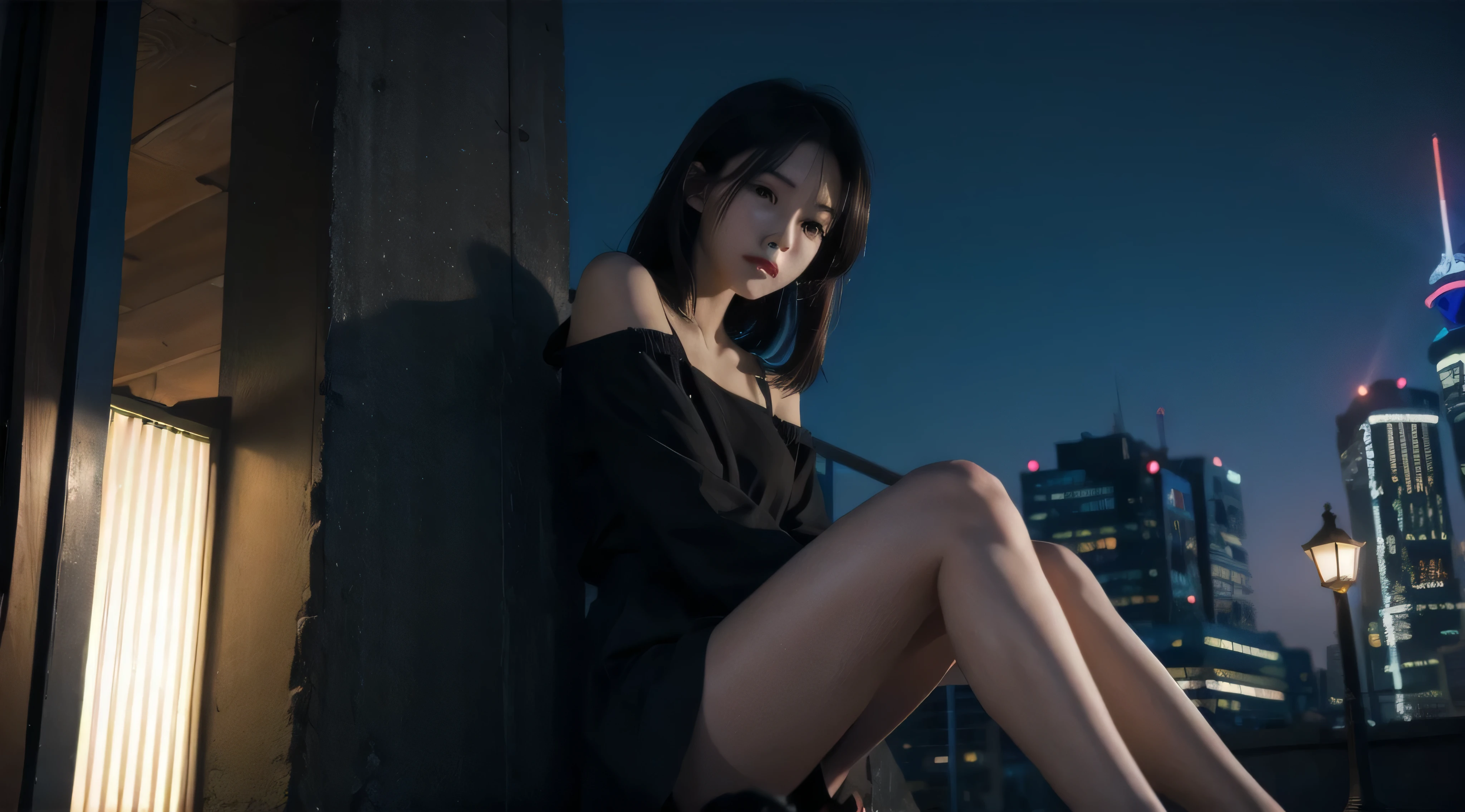 a girl wearing black top sitting on a skyscraper edge, by studio ghibli, city scenery, detailed illustration, official art, in the style of kawacy, graceful movement, nocturne, composed, hd wallpapers