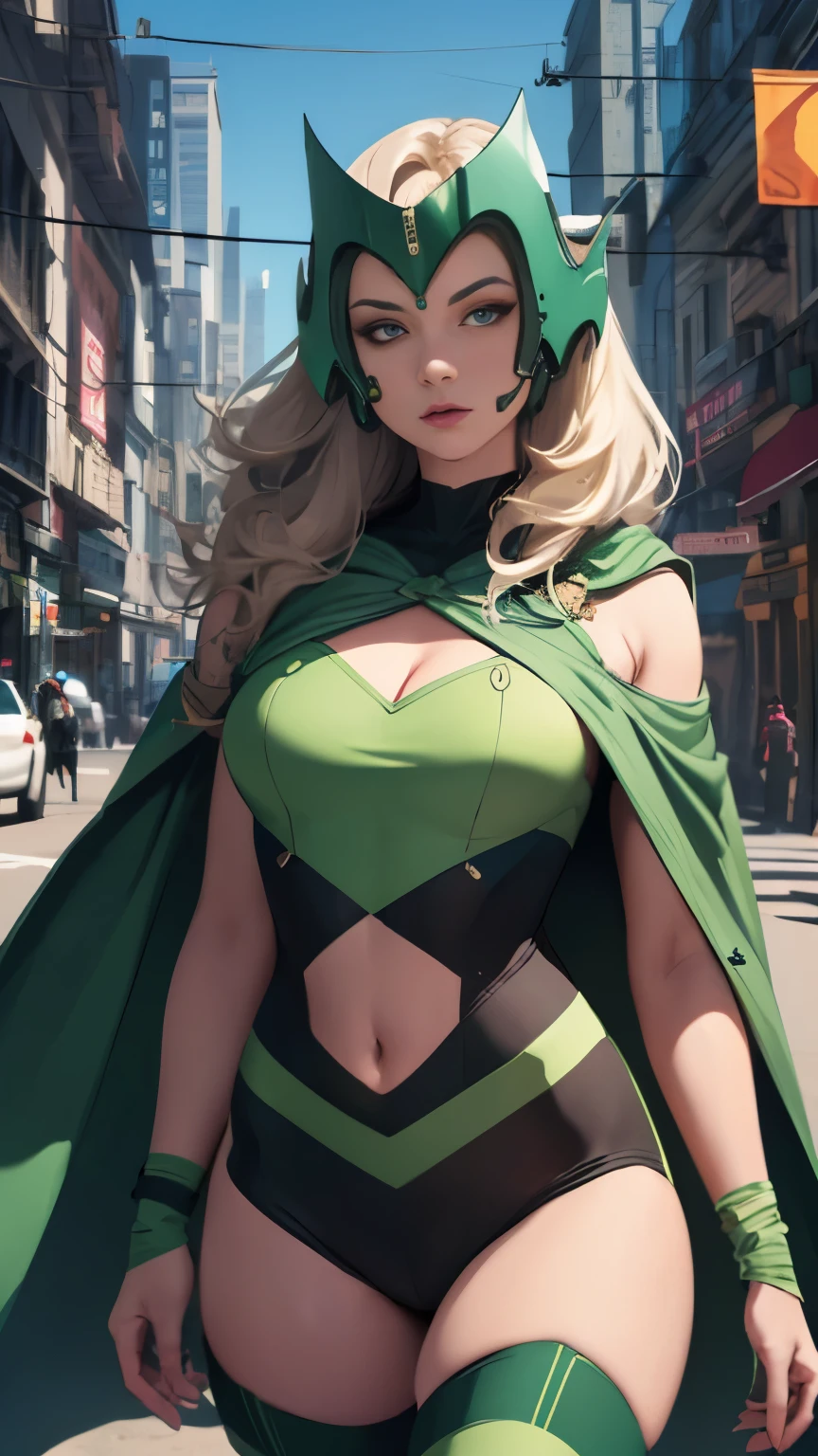 (Highly quality, masterpiece, detailed), city detailed scenario, city detailed background, 20 years old girl, solo, Polaris, bodysuit, cape, helmet, green crop top, thigh highs, navel, perfect face, beautiful eyes, looking at the viewer, Sexy pose