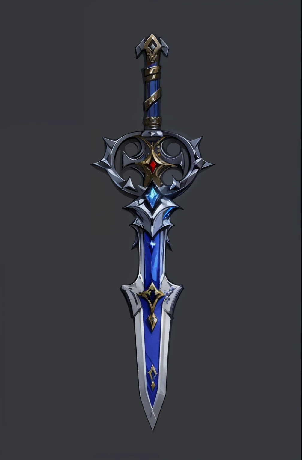 a close up of a sword with a red and blue design on it, 战刀arms, sword design, 魔兽世界 暴雪 arms 艺术, fantasy sword, beautiful sword, Fantasy Blade, huge sword, large sword, fantasy sword of warrior, shinning sword, The style of the Ghost Slayer Blade, 幻想arms, Intricate Fantasy Spear, sci-fi sword, sword, big sword,Outstanding quality,Clear structure,arms,White background