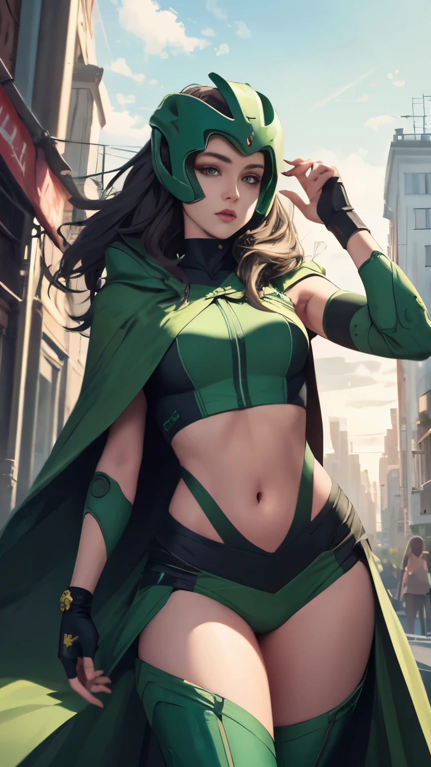 (Highly quality, masterpiece, detailed), city detailed scenario, city detailed background, 20 years old girl, solo, Polaris, bodysuit, cape, helmet, green crop top, thigh highs, navel, perfect face, beautiful eyes, looking at the viewer, Sexy pose