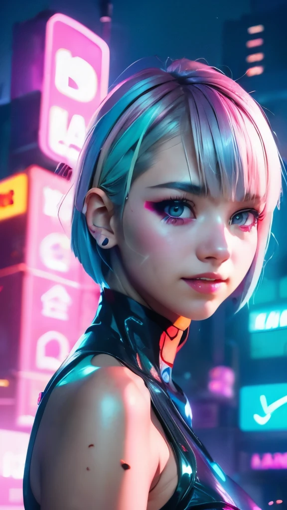 A colorful Bob cut haired punk girl, smooth white skin, innocent look, , Ultra high res, uhd, (photorealistic:1.4), cyberpunk outfit, winking, smiling ear to ear, neon lighting