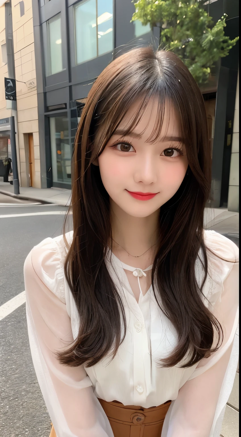 Tabletop, highest quality, shape, Very detailed, finely, High resolution, 8k wallpaper, 完璧なダイナミックな構shape, Beautiful and detailed,ランダムなcute髪,,Natural color lip, bold sexy pose,smile、20-year-old girl、cute、Looking at the camera,Perfect and beautiful face,Slim face and figure,Big eyes、Putting on gal makeup,Small face、はにかんだsmile,Sheer white blouse、flare skirt、blurred background、office Street