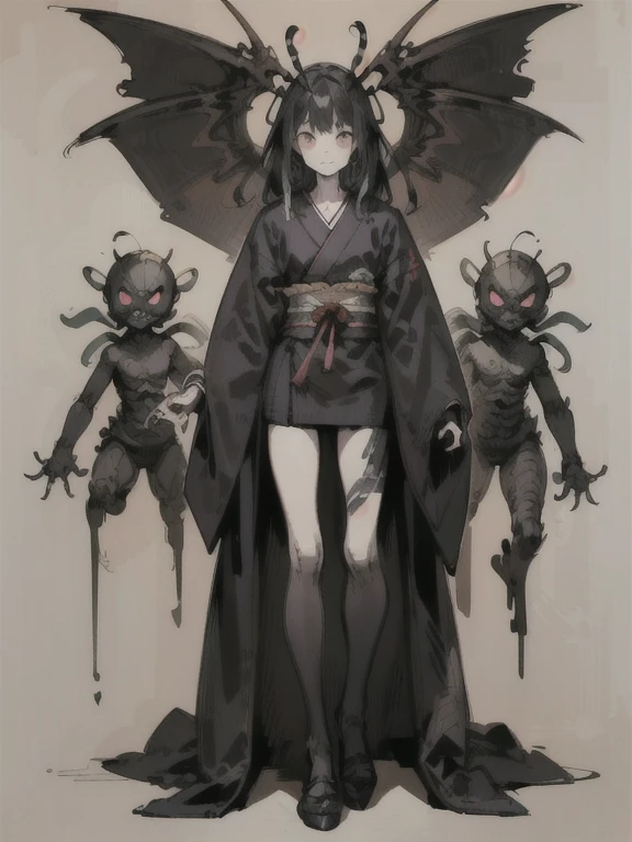 (,(masterpiece), (High resolution), (very delicate), (masterpiece: 1.2, highest quality), scribble, nightmare, doll-like face, Manga style, rough sketch, Manga styleイラスト, Japanese painting, whole body,(snap shot), Flat Illustration, creepy appearance, Unique atmosphere、A man surrounded by a multitude of insects、Grotesque background、