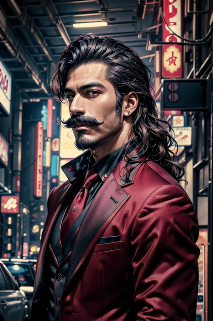 (Best Quality, 8k, 32k, Masterpiece, UHD: 1.3), (Pictures of Japan Attractive Man with mustache), (Cyberpunk: 1.4), (Realism: 1.4), (Best Quality: 1.0), (Super-Resolution: 1.0), 8K, RAW Photos, (Masterpiece: 0.2), Ultra Detail, One man with mustache, ((Big: 1.4)), (Long Wavy Hair), Abs, Perfect Body, Ultra Detailed Face, Detailed Lips, Fine eyes, maroon suit man with mustache, maroon suit, male in maroon suit, maroon suit man with mustache, handsome white man in maroon tuxedo, maroon suit man, wearing sci-fi military armor, sci-fi man, maroon suit for a man with mustache,  male with maroon suit, maroon suit man