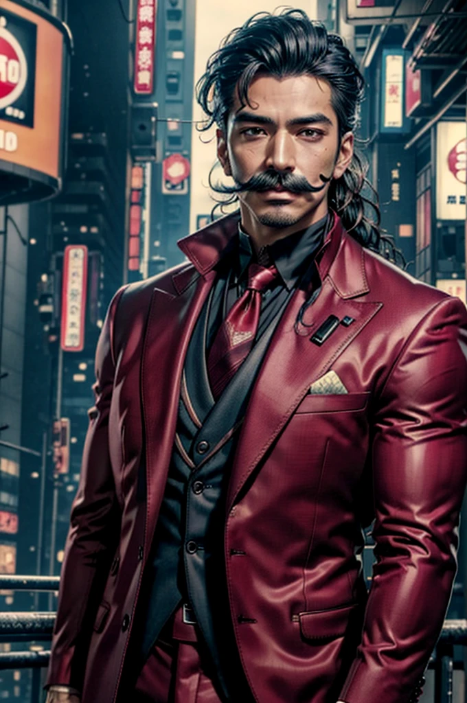 (Best Quality, 8k, 32k, Masterpiece, UHD: 1.3), (Pictures of Japan Attractive Man with mustache), (Cyberpunk: 1.4), (Realism: 1.4), (Best Quality: 1.0), (Super-Resolution: 1.0), 8K, RAW Photos, (Masterpiece: 0.2), Ultra Detail, One man with mustache, ((Big: 1.4)), (Long Wavy Hair), Abs, Perfect Body, Ultra Detailed Face, Detailed Lips, Fine eyes, maroon suit man with mustache, maroon suit, male in maroon suit, maroon suit man with mustache, handsome white man in maroon tuxedo, maroon suit man, wearing sci-fi military armor, sci-fi man, maroon suit for a man with mustache,  male with maroon suit, maroon suit man