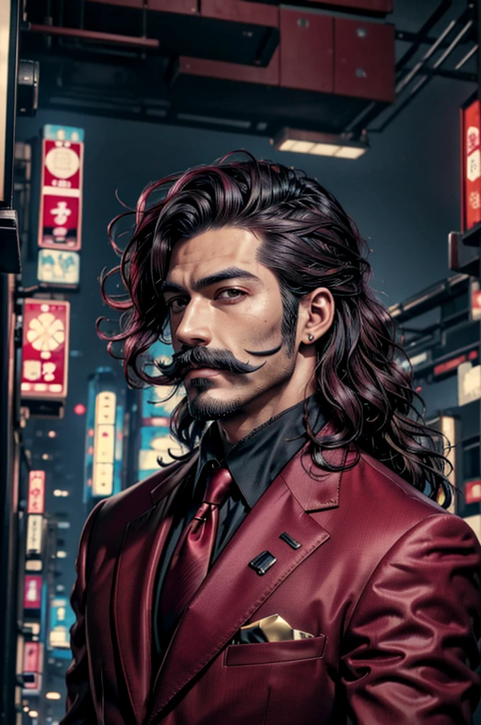 (Best Quality, 8k, 32k, Masterpiece, UHD: 1.3), (Pictures of Japan Attractive Man with mustache), (Cyberpunk: 1.4), (Realism: 1.4), (Best Quality: 1.0), (Super-Resolution: 1.0), 8K, RAW Photos, (Masterpiece: 0.2), Ultra Detail, One man with mustache, ((Big: 1.4)), (Long Wavy Hair), Abs, Perfect Body, Ultra Detailed Face, Detailed Lips, Fine eyes, maroon suit man with mustache, maroon suit, male in maroon suit, maroon suit man with mustache, handsome white man in maroon tuxedo, maroon suit man, wearing sci-fi military armor, sci-fi man, maroon suit for a man with mustache, male with maroon suit, maroon suit man