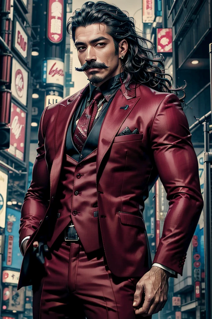 (Best Quality, 8k, 32k, Masterpiece, UHD: 1.3), (Pictures of Japan Attractive Man with mustache), (Cyberpunk: 1.4), (Realism: 1.4), (Best Quality: 1.0), (Super-Resolution: 1.0), 8K, RAW Photos, (Masterpiece: 0.2), Ultra Detail, One man with mustache, ((Big: 1.4)), (Long Wavy Hair), Abs, Perfect Body, Ultra Detailed Face, Detailed Lips, Fine eyes, maroon suit man with mustache, maroon suit, male in maroon suit, maroon suit man with mustache, handsome white man in maroon tuxedo, maroon suit man, wearing sci-fi military armor, sci-fi man, maroon suit for a man with mustache,  male with maroon suit, maroon suit man