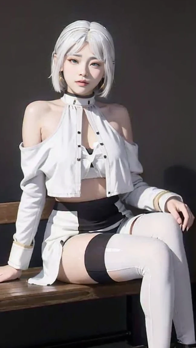 (white hair:1.5),High resolution, Unique image, 1 girl, armpit, Bangs, bare shoulders, raid, Chest, lift legs, shut mouth, bench, Cover belly button, curtain, Split collar, earrings, Eyebrows visible through hair, garters, gradient hair, High heel, high legs, high legs tights, huge Chest, jewelry, tights, light blush, looking at the audience, on bench, Pillow, short hair, sitting, alone, Tail, lift your legs