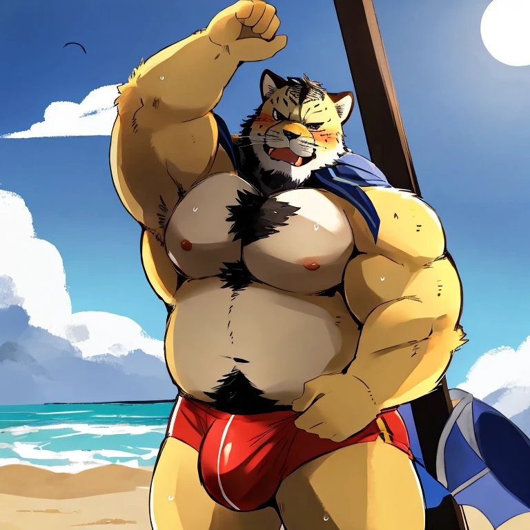 Chubby, furry,male , anthro King (Tekken), bright fur, cream fur, black hair, very plump, middle aged , mouth covered mustache,Thick beard, seductive , detailed , no clothes, naked, lifted up, chest and belly exposed, hyper penis:1.65, detailed bulge, hyper pecs:1.75, extremely hot and sexy, eye ls half closed, black pupils, eye contact, seductive, horny, hot, sweaty, beach setting, afternoon, blue sky, hot temperature, day time, one arm raised, hairy armpit, by hyaku