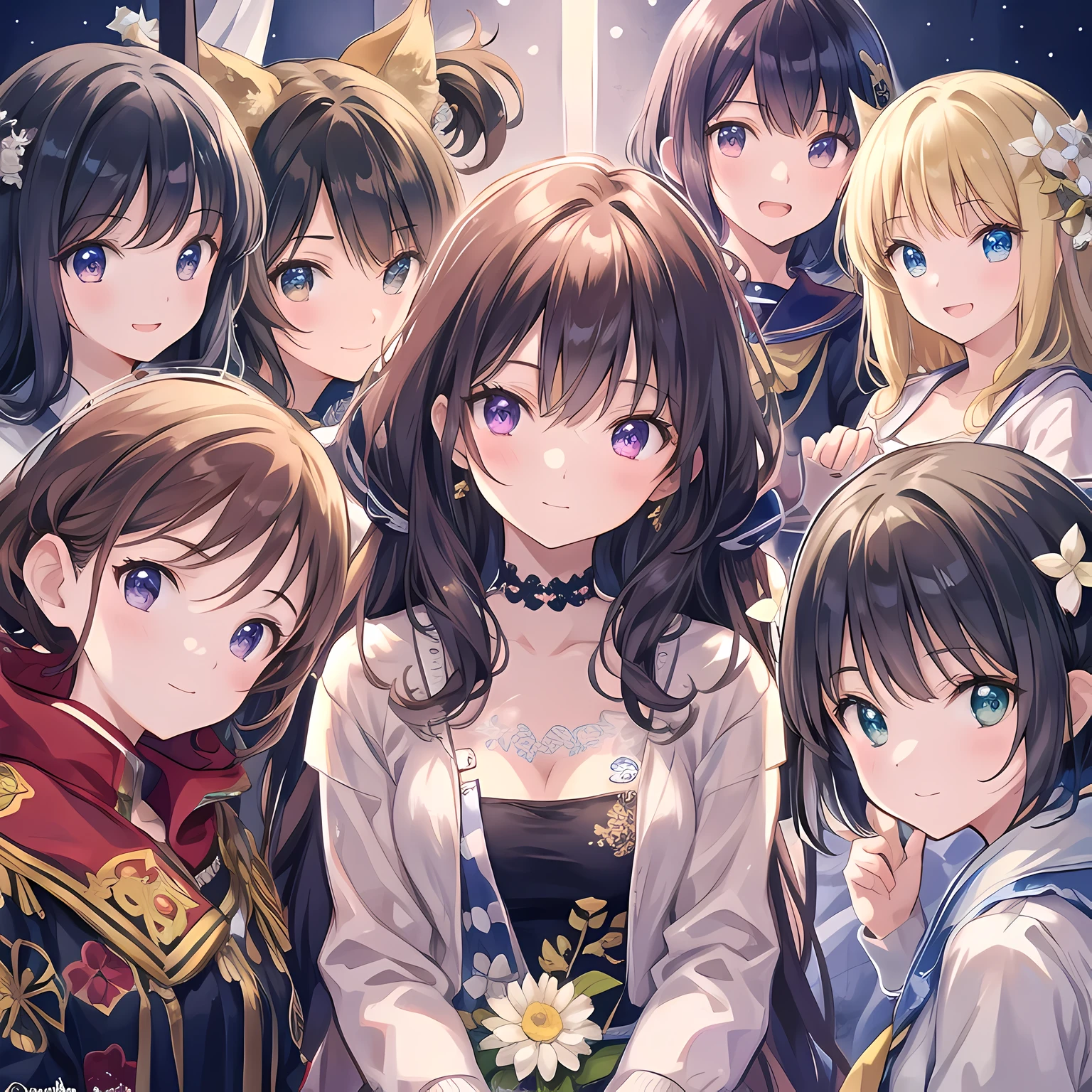 MULTIPLE GIRLS, GROUP PICTURE, 6+GIRLS, posing, detailed , look at viewer, best quality, hires, detailed background, beautiful lighting, ((bedroom background, on bed, girls surround viewer , focus girls face)),