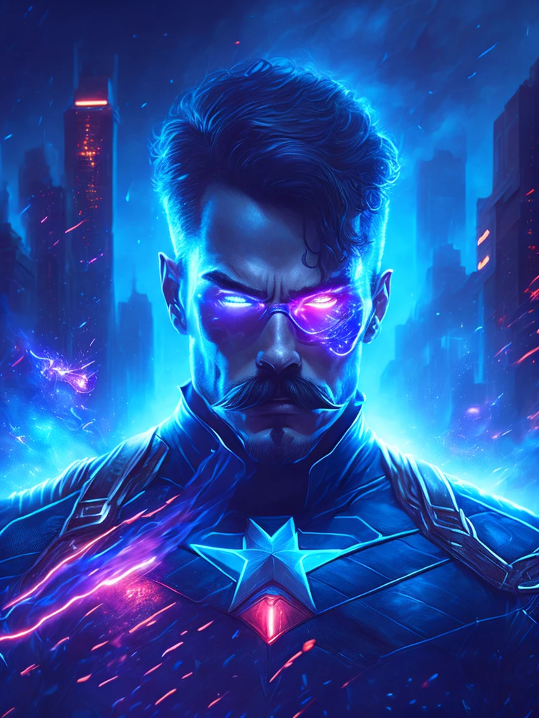 gloomy portrait of man with mustache Captain America from Marvel, extremely detailed, futuristic cityscape, nighttime, glowing neon lights, smoke, sparks, metal shavings, flying debris, blue energy effects, volumetric light