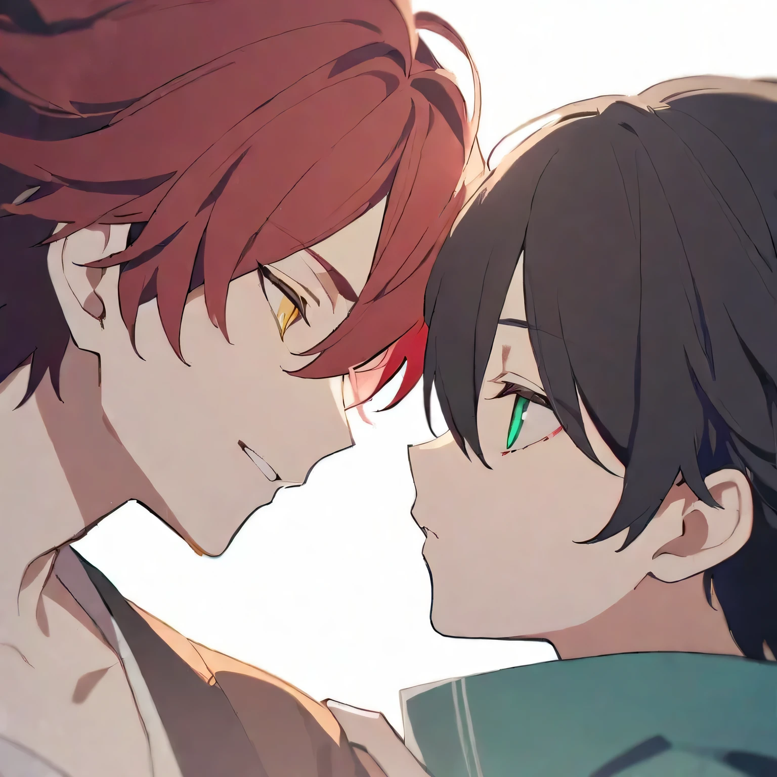 A boy with red hair and green eyes is holding the hand of another boy with black hair and yellow eyes
