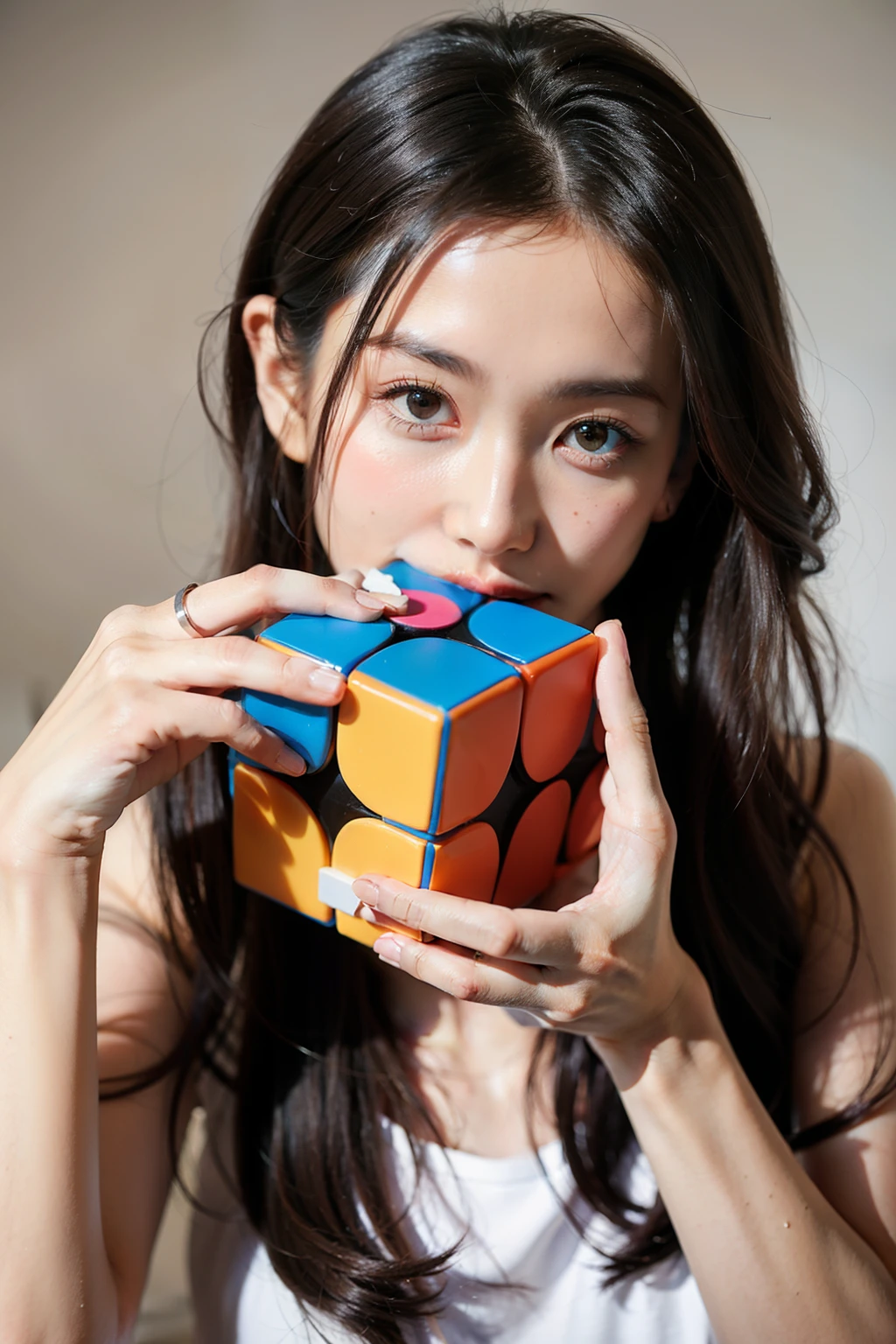 A cute fashion girl holding a Rubik&#39;s Cube