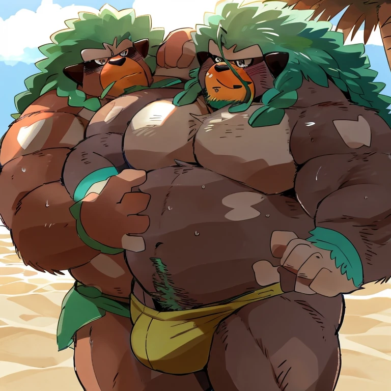Chubby, furry,male , anthro Rillaboom, bright fur, green hair, very plump, middle aged , mouth covered mustache,Thick beard, seductive , detailed , no clothes, naked, lifted up, chest and belly exposed, hyper penis:1.65, detailed bulge, hyper pecs:1.75, extremely hot and sexy, eye ls half closed, black pupils, eye contact, seductive, horny, hot, sweaty, beach setting, afternoon, blue sky, hot temperature, day time, one arm raised, hairy armpit, by hyaku