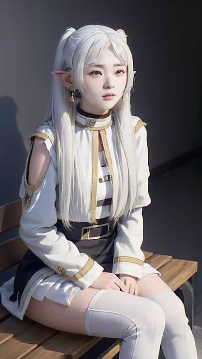 (long hair:1.5),(white hair:1.5),High resolution, Unique image, 1 girl, armpit, Bangs, bare shoulders, raid, Chest, lift legs, shut mouth, bench, Cover belly button, curtain, Split collar, earrings, Eyebrows visible through hair, garters, gradient hair, High heel, high legs, high legs tights, huge Chest, jewelry, tights, light blush, looking at the audience, on bench, Pillow, short hair, sitting, alone, Tail, lift your legs