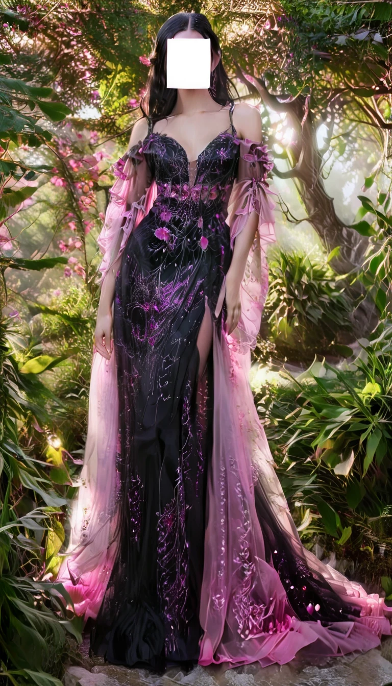 Create an 8K raw photograph masterpiece featuring a beautiful elven lady, with a full body shot, depicted from a cinematic angle. She wears a stunning pink and black color combination dress with flowy designs, flowing gracefully around her figure. The background shows a beautiful landscaping, adding to the ethereal atmosphere. Her waist-length straight silky black hair, starry purple eyes, and shiny skin complement her playful smile and beautiful delicate features. She has a perfect slender body and nice breasts. She stands bare-shouldered. Her attire is completed by towering heels, adding to her otherworldly charm.
