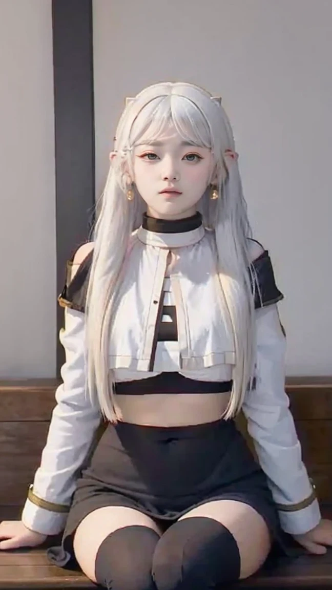 (long hair:1.5),(white hair:1.5),High resolution, Unique image, 1 girl, armpit, Bangs, bare shoulders, raid, Chest, lift legs, shut mouth, bench, Cover belly button, curtain, Split collar, earrings, Eyebrows visible through hair, garters, gradient hair, High heel, high legs, high legs tights, huge Chest, jewelry, tights, light blush, looking at the audience, on bench, Pillow, short hair, sitting, alone, Tail, lift your legs