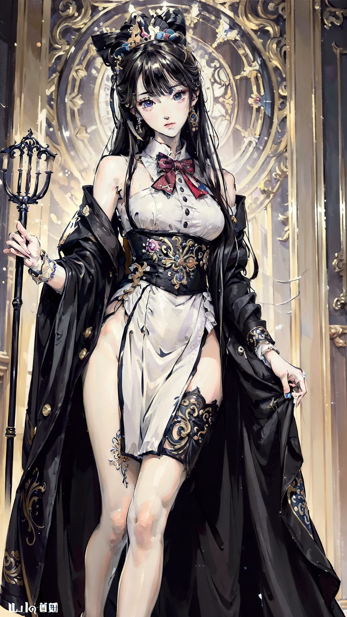 (Masterpiece, best quality, ultra-detailed:1.37), lively god, extremely detailed eyes, face, body, fingers, legs, perfect masterpiece fanart, 1girl in an epic tuxedo, holding a cane, oil painting, vibrant colors, dramatic lighting