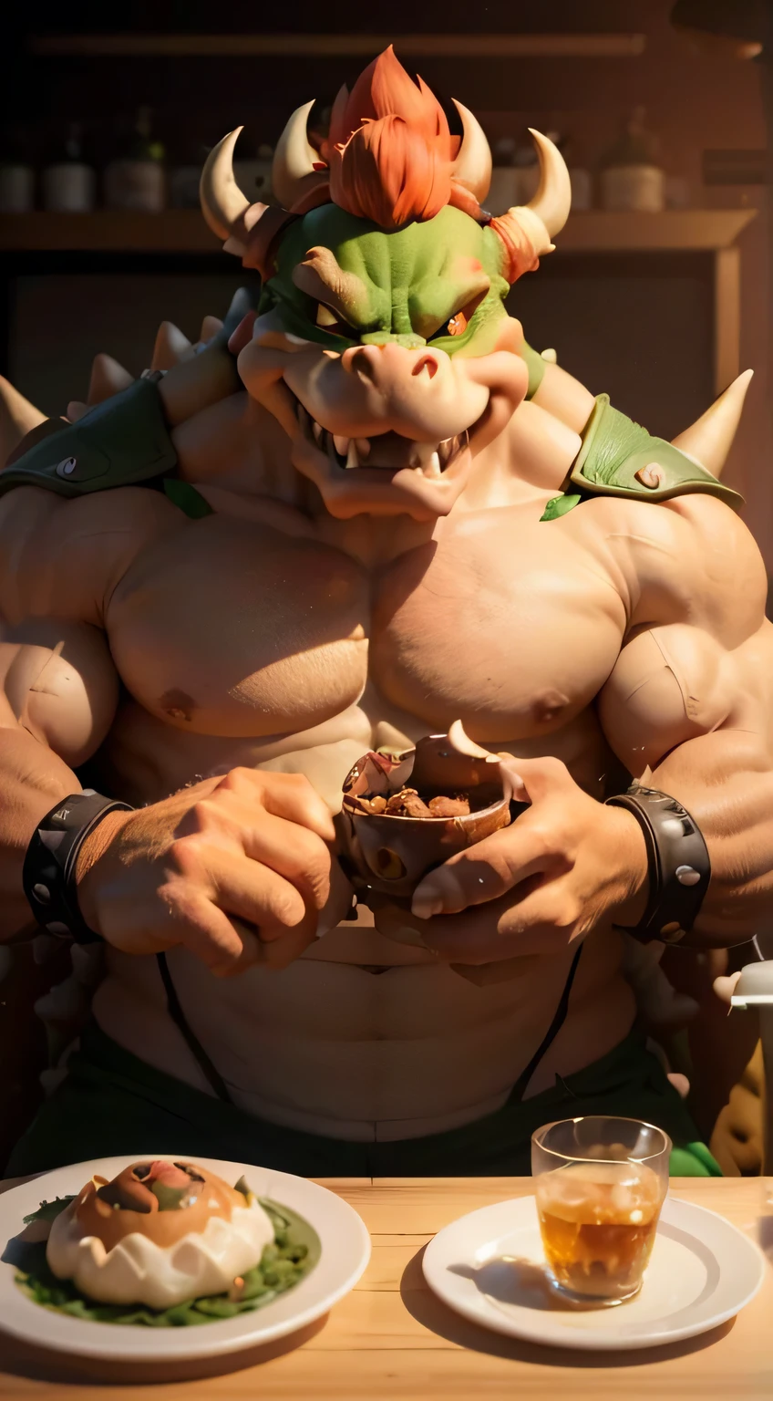 masterpiece, highest quality, Very detailed, Hyper Real,((Bowser)) , Perfect Face, Front view, Cinematic lighting, whole body, (big), In the middle of the traffic lights、Jagged teeth