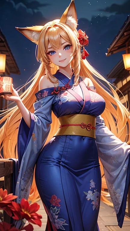 A portrait of a radiant adult woman with a warm smile directed at the viewer, Her blonde hair is straight and styled into a prominent French braid that drapes over her left shoulder(blonde hair)(hair red flower)((hime cut)),"Her hairs are hidding her ears", Her eyebrows are small and refined, captivating purplish-blue eyes with bold red eyeshadow applied generously at the bottom of her eyes, Her facial features are delicate and finely shaped with a small refined nose and full lips, large and tall fluffy fox ears in vibrant orange with black tips, Woman body set big breasts((accentuated large hips)), "nine tail fox", She wears a wide traditional blue yukata adorned with intricate floral patterns(blue yukata),the background features a vibrant Chinese New Year celebration, lanterns, fireworks, traditional decorations, beautiful scenery,(Masterpiece, best quality, ultra-detailed),8k ultra-detailed features