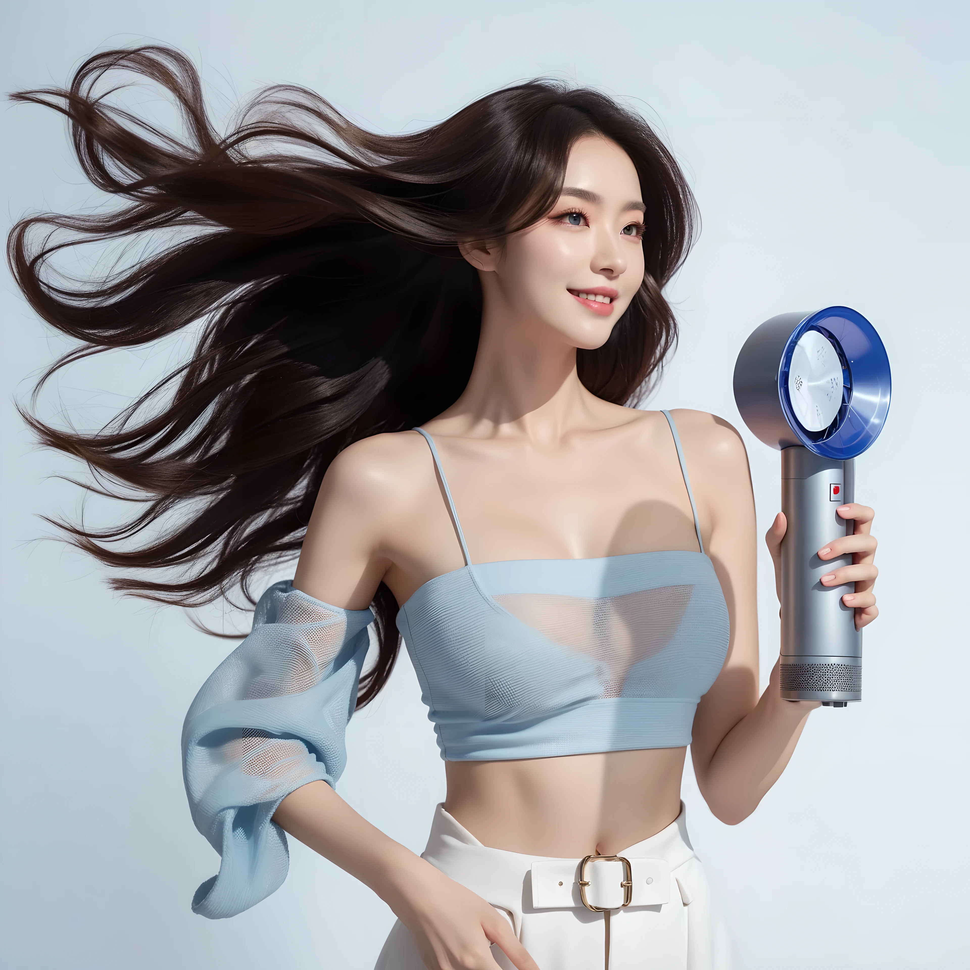 (mature woman:1.3), solo, adult, Black long hair, blue eyes, large breasts, white long dress, open neckline,  (high quality), (best quality), (detailed), perfect lighting, detailed face, detailed body, The full body of a beautiful Korean model holding a tiny stick modern luxury DYSON bladeless portable fan with a happy expression and a soft smile wears a trendy summer outfit, ((hair flowing dramatically backward by a strong airflow from the fan)), on a solid white background. wide angle, a light blue mood & tone, high-key, rules of third, 4k resolution.