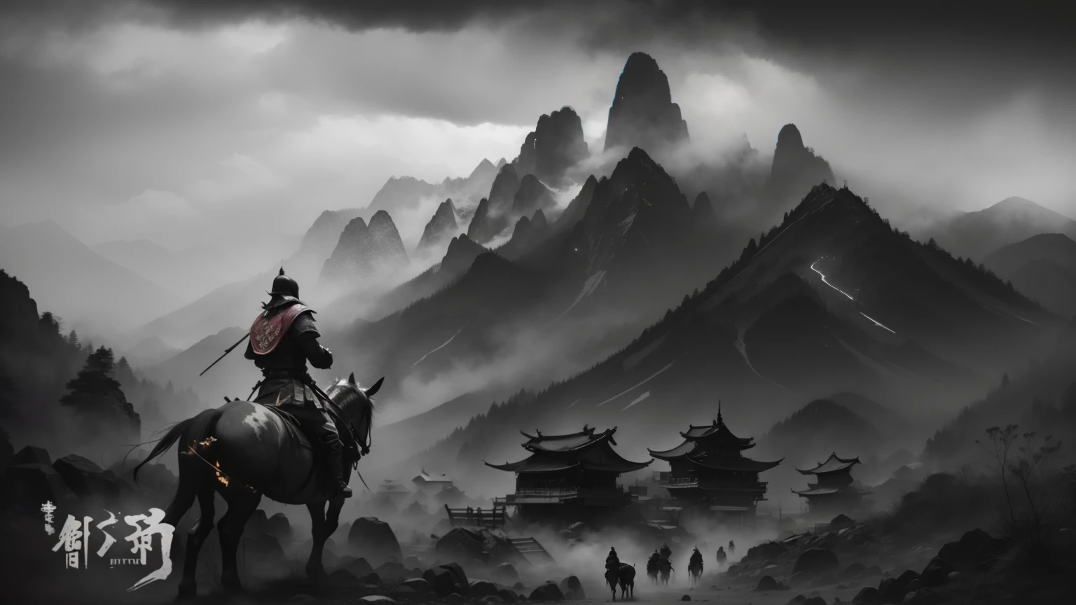 Image of a man riding a warhorse in the mountains during the Warring States Period in China, battlefield,besiege,Black and white matte, Game Art Painting, epic scenery, The most magnificent scenery, 4k Morrowind concept art, Cinematography Concept Art, Theatre concept art, High Fantasy Painted Scenes, Inspired by the Chinese Warring States background,