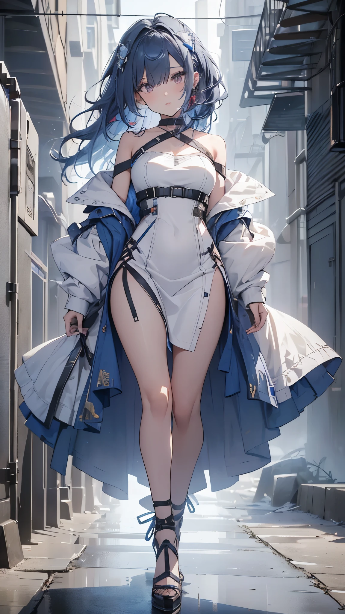 (the street:1 girl with blue hair,Get up,One word step+), tmasterpiece, Best quality at best, RAW photogr, realistically, the face, Incredibly ridiculous Resourcetra long brown curly hair around the ears),eye shadows,techwear outfits,(Red off-shoulder knee-length dress),White off-shoulder long dress,(White tight flats,depth of fields, A high resolution, ultra - detailed, filigrees, RAWE is very detailed, The eyes and the face are very detailed, Sharp pupils, realistic student, lock focus, Movie Lighting,Full body lesbian,bigger,The legs look very long from the front,dynamicposes,Normal posture,Close-up of the face