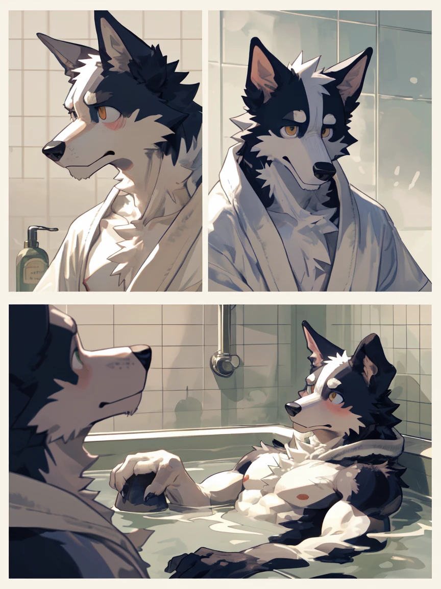 masterpiece, best quality, Perfect anatomical structure, Bright Eyes,(Character focus:1.1), Provided by RUHU1145, via K0BIT0WANI, hairy, (trigger:0.25), male,( Two roles：1.1), bathroom，Border Collie，陨石Border Collie，Bathrobe，muscle，Shy expression，Two roles，Help each other take a bath