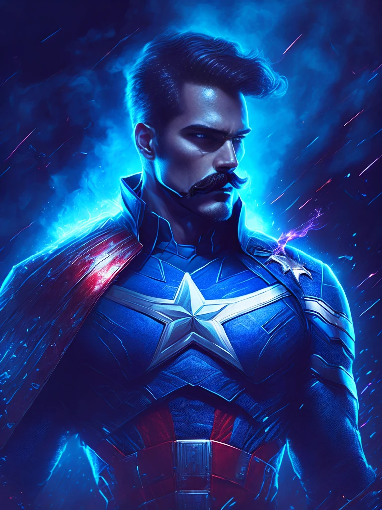 gloomy portrait of man with mustache Captain America from Marvel, extremely detailed, futuristic cityscape, nighttime, glowing neon lights, smoke, sparks, metal shavings, flying debris, blue energy effects, volumetric light