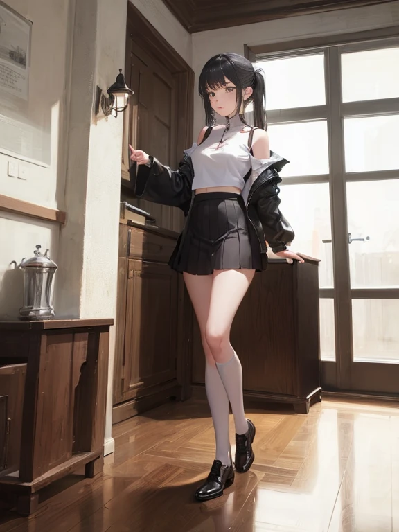 ((masterpiece, the best_quality)), 1 Girl, (Reality:1.4), Solitary, White_background, Black_hair, long_hair, absolute_Good memories, skirt, ((full_Body)),