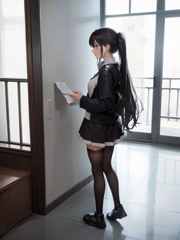 ((masterpiece, the best_quality)), 1 Girl, (Reality:1.4),  Solitary, White_background, Black_hair, long_hair,   absolute_Good memories, skirt, ((full_Body)),