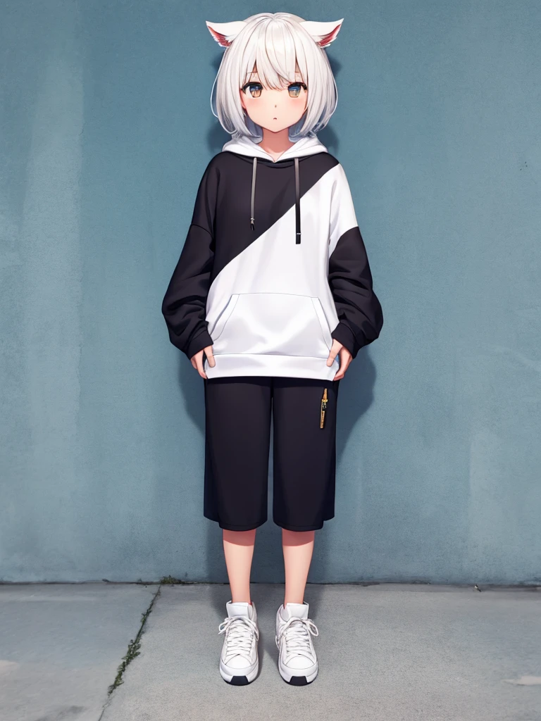 (Same character, side, back), (full body), little girl, gray hair, exaggerated hairstyle, trendy style, casual, simple background