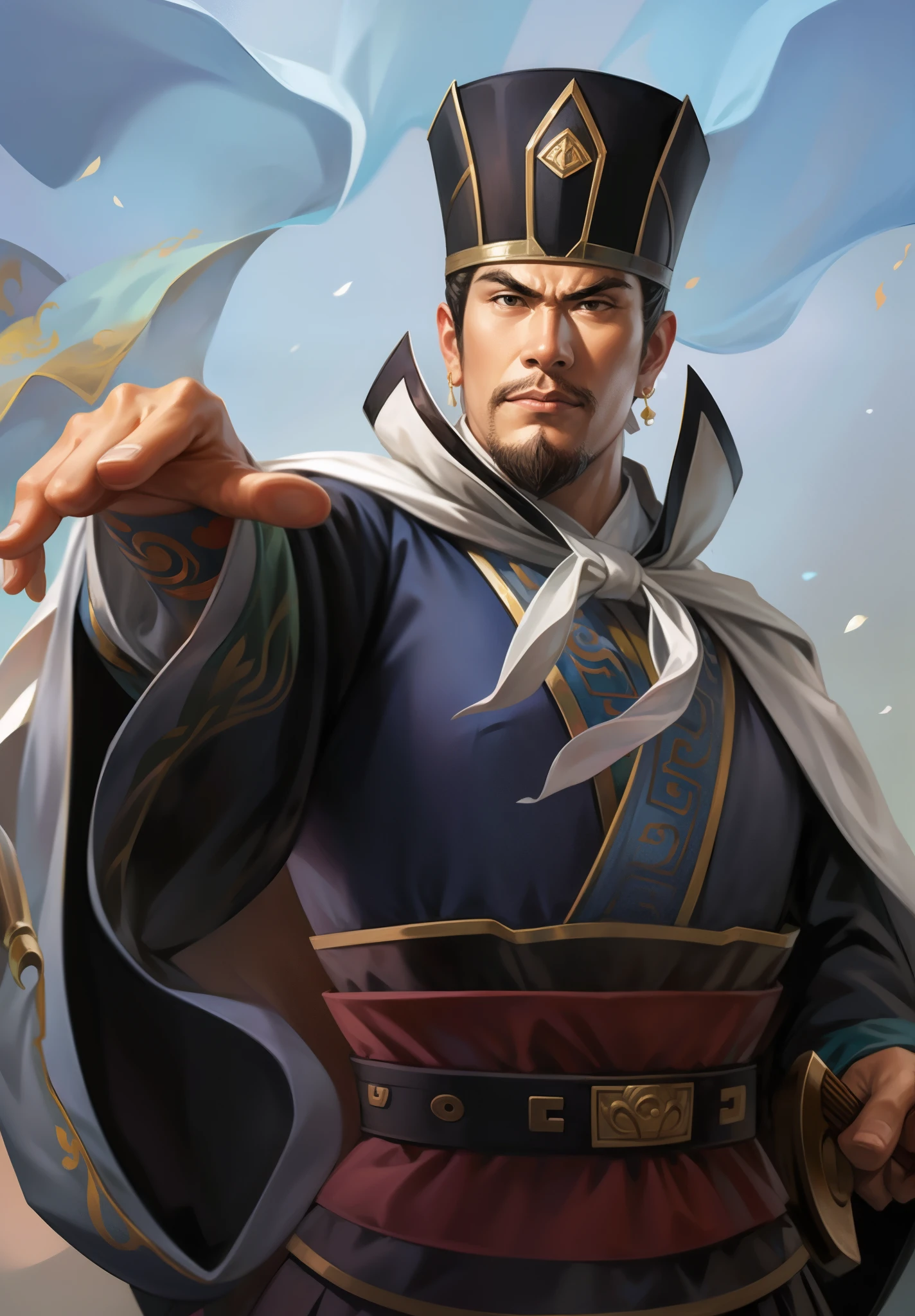 in costume、Arav image of a man holding a sword, inspired by Cao Zhibai, yang qi, Inspired by Wu Bin, Inspired by Hu Zaobin, inspired by Wu Daozi, inspired by Huang Ding, Inspired by Dong Yuan, feng shu, Inspired by Li Kan, guan yu, Inspired by Lu Zhi, bian lian