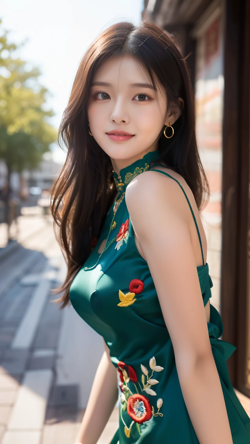 Ulzzang-6500-v1.1, (Raw photo:1.2), (Photorealistic:1.4), Delicate and beautiful girl,The sparkling eyes have a very nice atmosphere.......................,, Attractive eyes and moist lips,Long black hair,(smile:1.3),Facial detailing,Formula Details,Star Masterpiece Fine Detail with detailed depiction of facial features,Please explain your role in detail.,Detailed depiction of hair,carefully drawn ,My body is bumpy,Detailed depiction of the hand,Clothes painted in detail,Facial detailing,Perfect Face,Detailed depiction of the hand,Four fingers and a thumb:1.3),Facial Correction,choker necklace,ear discharge, Masterpieces,extremely close to reality,(Full body photo:1.5),Best image quality,highest quality,endless details,8k resolution,(((Beautiful embroidered dress 1.3))),((dark green cheongsam dress))),(Beautiful scenery:1.3),Laughter, Tightening of the lower back, Sexy pose,Bold Pose, Beautiful legs visible through the slit of a long skirt, Big ample breasts, neatly tied hair