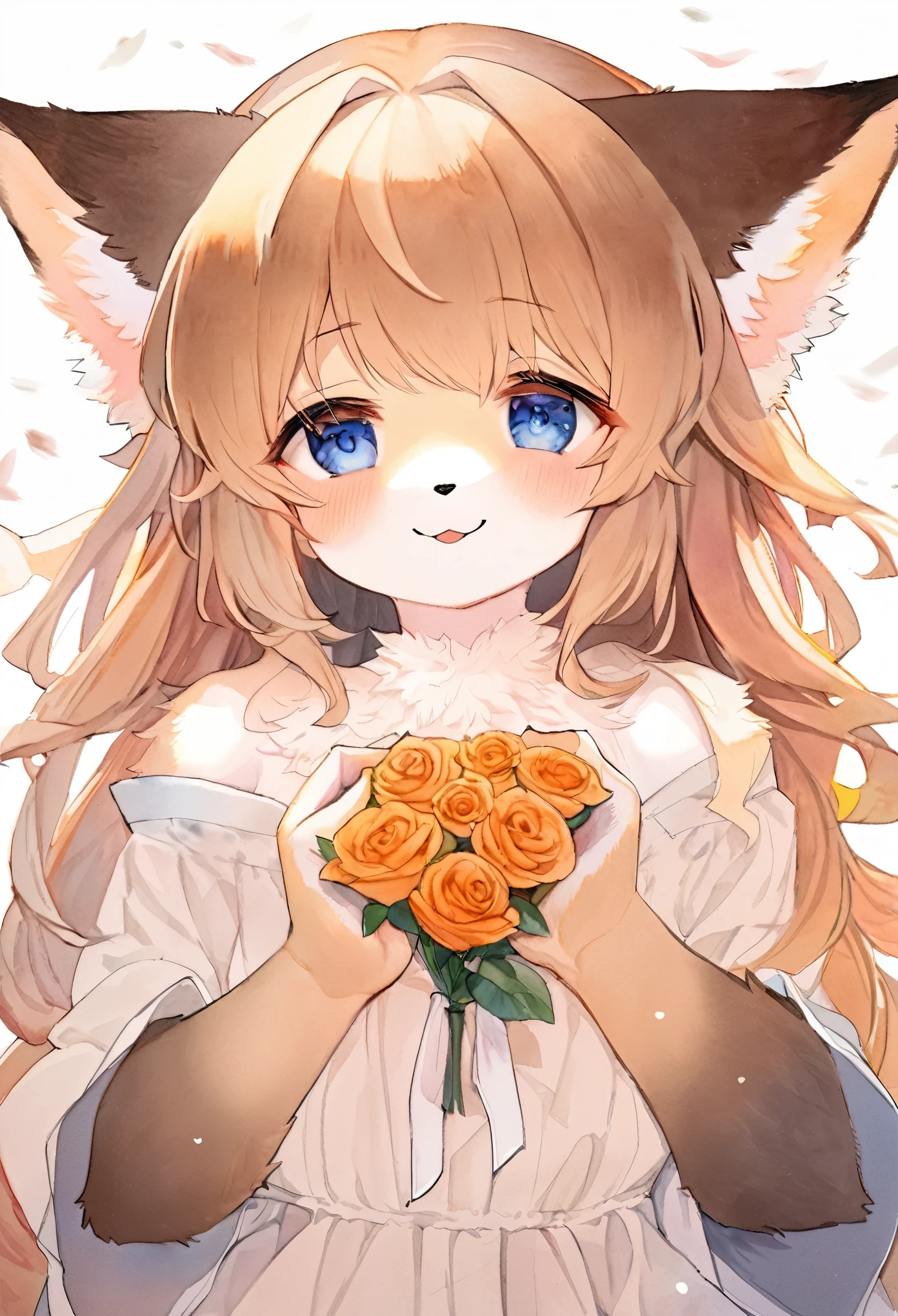watercolor, highres, top quality, best quality, paid reward available, High-quality illustrations, unparalleled masterpiece, perfect artwork, absurdres, 1girl, kemono, furry, detailed body fur, animal face, animal hand, Archaic Smile, holding a cluster of orange Rose in both hands, which are positioned at chest level, She is wearing a simple ring on the ring finger of her left hand, unfocused spread of orange rose, fan-created work shared on platforms Pixiv or Twitter,