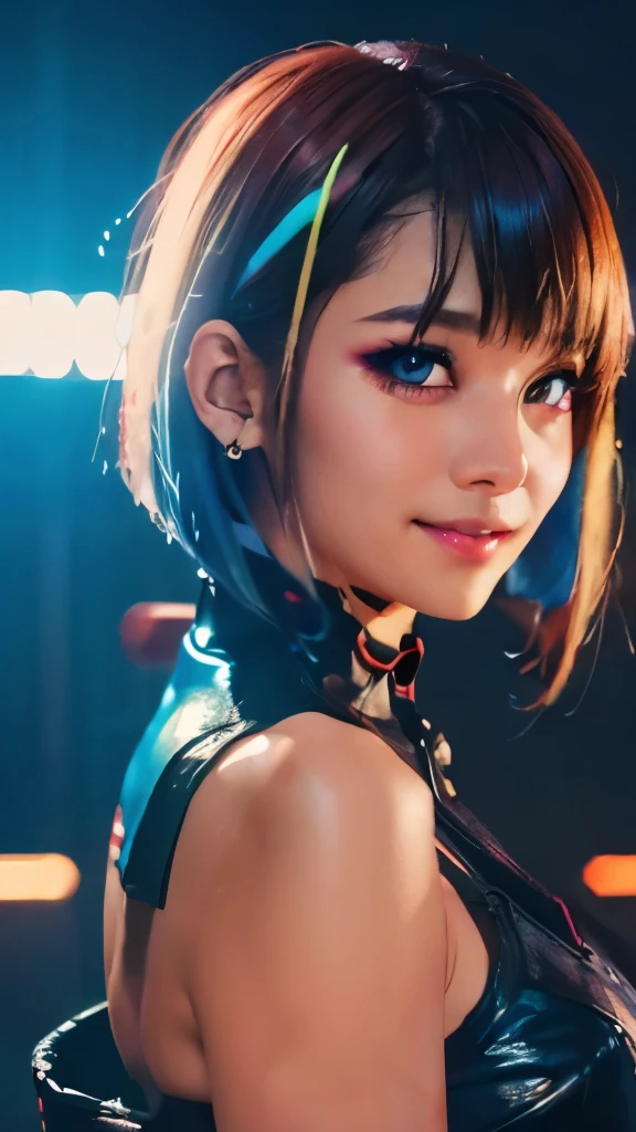 A colorful Bob cut haired punk girl, smooth white skin, innocent look, 15 years old, Ultra high res, uhd, (photorealistic:1.4), cyberpunk outfit, winking, smiling ear to ear, neon lighting