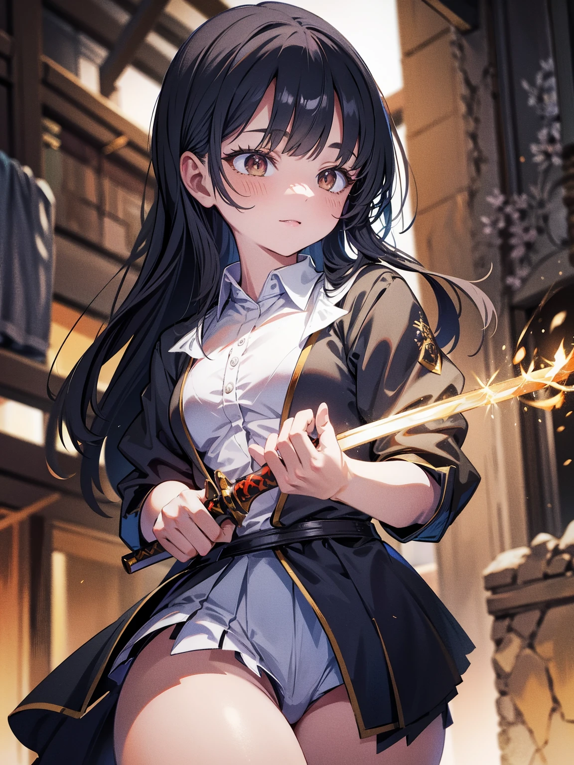 8K,((highest quality)), ((masterpiece)), ((High resolution)), ((Perfect Face)),office,girl,((Small breasts)),Chubby,business_blouse,Open collar,((Chest turbulence)),Medium_Straight Hair,Black Hair,Bangs,A confident smile,Iris eye,whole body,Holding the Sword,Ready your sword,((Flaming long sword)),((Red Glowing Sword)),((Giant Sword)),