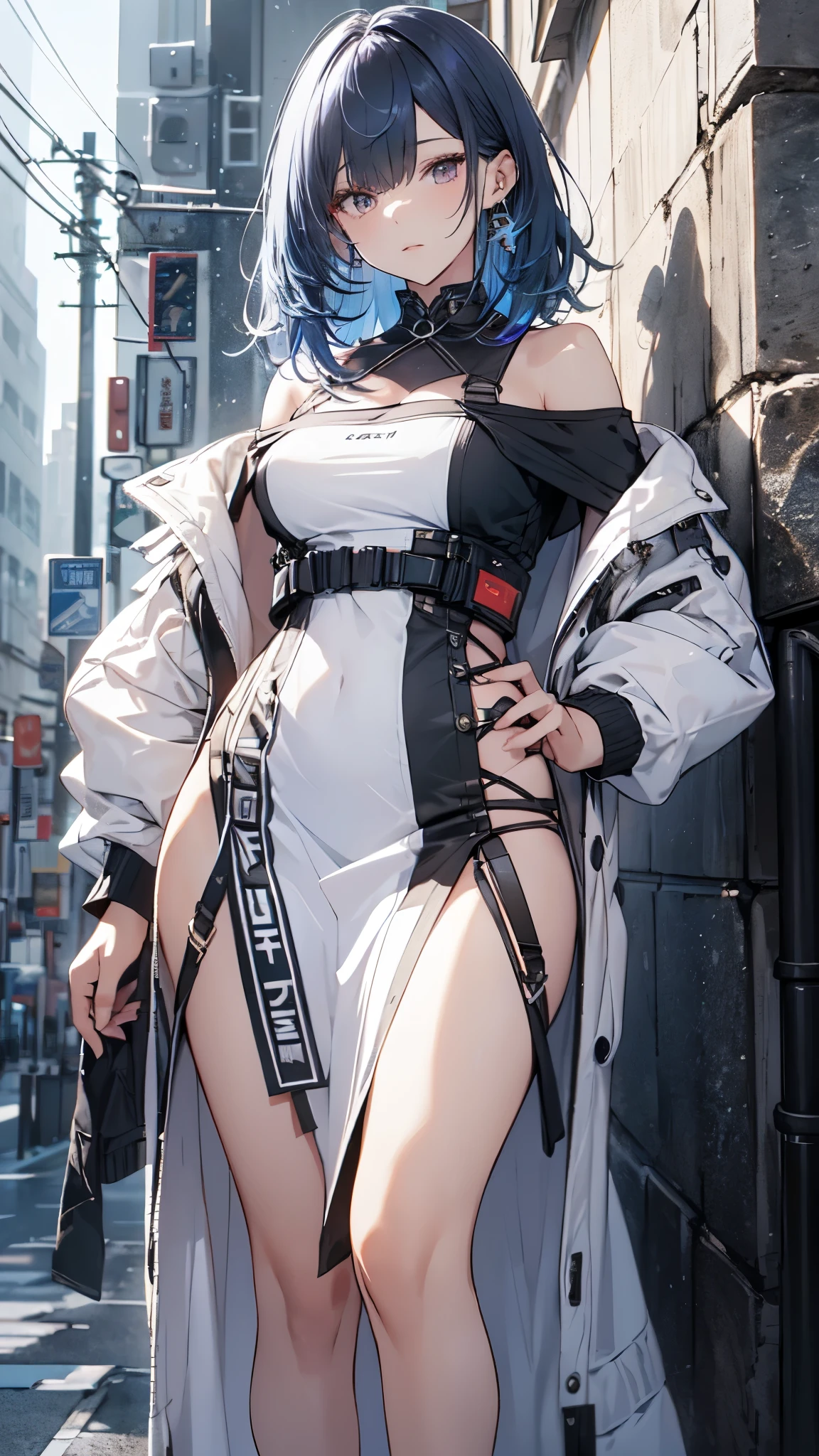 (the street:1 girl with blue hair,Get up,One word step+), tmasterpiece, Best quality at best, RAW photogr, realistically, the face, Incredibly ridiculous Resourcetra long brown curly hair around the ears),eye shadows,techwear outfits,(Red off-shoulder knee-length dress),White off-shoulder long dress,(White tight flats,depth of fields, A high resolution, ultra - detailed, filigrees, RAWE is very detailed, The eyes and the face are very detailed, Sharp pupils, realistic student, lock focus, Movie Lighting,Full body lesbian,bigger,The legs look very long from the front,dynamicposes,Normal posture,Close-up of the face