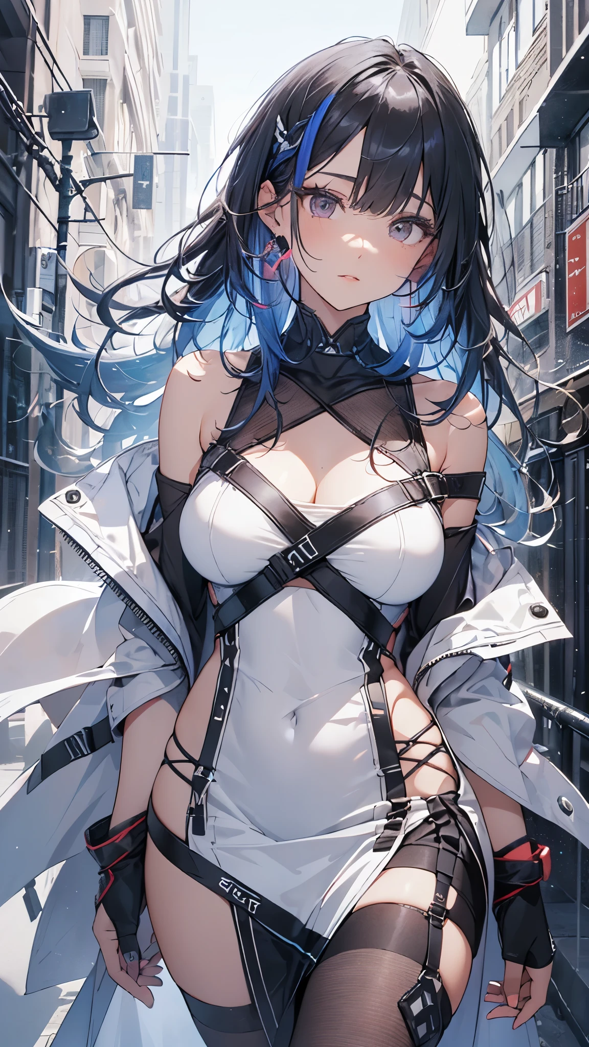 (hetero couple:2), (cityscape:1.5), (orgasm face, NSFW, topless bare small middle boobies, uncensored bare pussy:1.6), (Face of love, I'm so happy:1.5), (cyborg girl:1.5), low , dynamic angle, stylish free pose, (headphone, mechanical fuselage, mechanical clothing), looking at the viewer, (hime cut, long hair:1.5), (blue mini skirt:1.8), plastic corset, Beautiful light effect, glowing skin, (removable long sleeves, very wide sleeve:1.5), (caution decal, corporate logotype:1.2), (small open mouth:1),