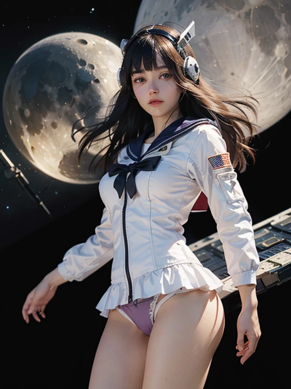 An unbeatable masterpiece, Ultra-photorealism, Perfect artwork, Intricate details, highest quality, Strong light,High Contrast, alone , big breasts , Misipos , One girl ,((sailor suit 1.3))、((Spacesuit:1.1) , ((I can see her panties)):1.5, furnace , Staravia , Moon ,Misipos , floating hair , Floating in the air ,SF , Space Station , Helmet in hand ,headgear , Black Hair , Wavy Hair , Long Hair ,(Blunt bangs) , floating hair , Purple eyes ,White Eyes